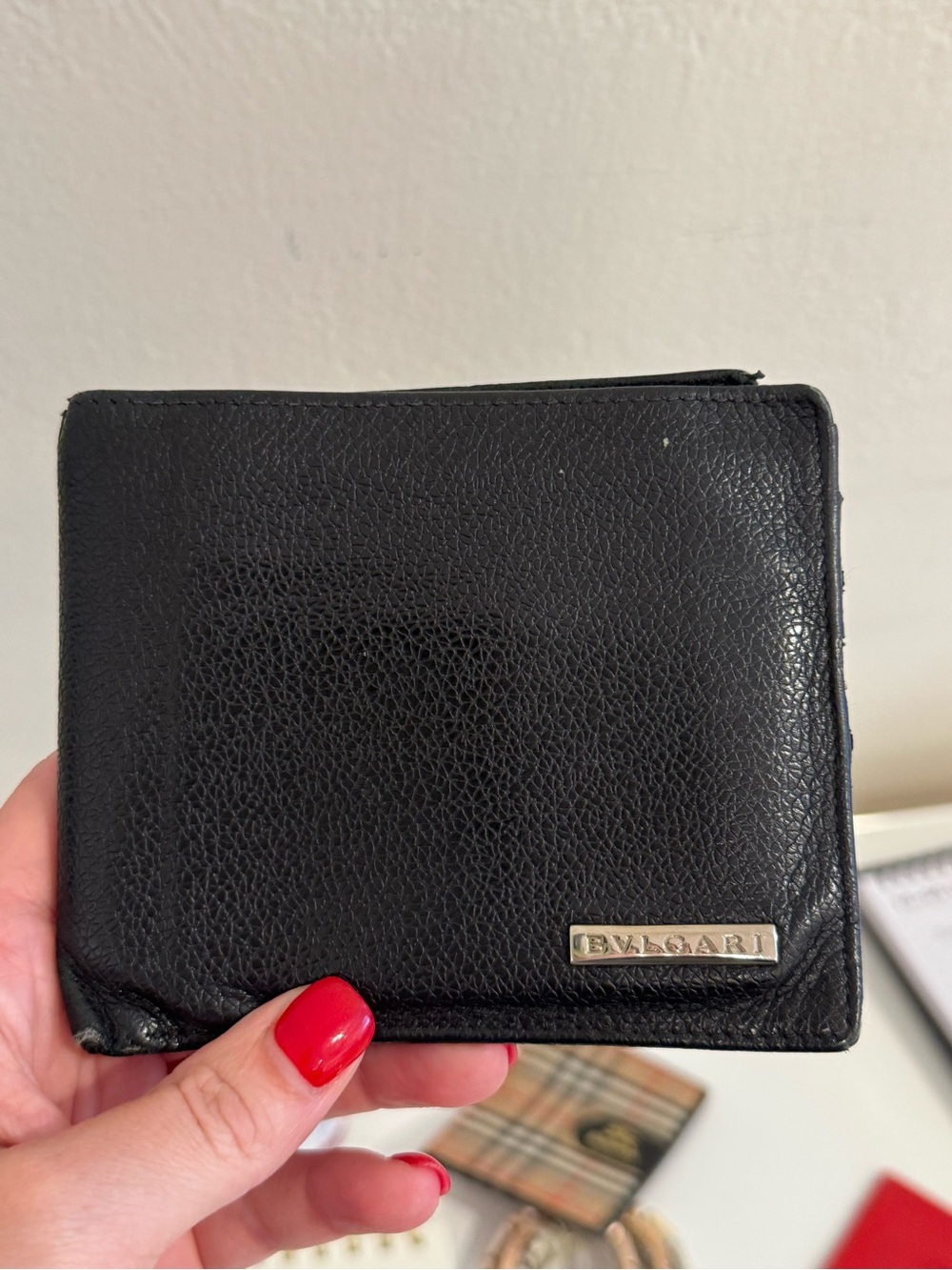 Bulgari Black Leather Men's Wallet with Metal Logo Plate